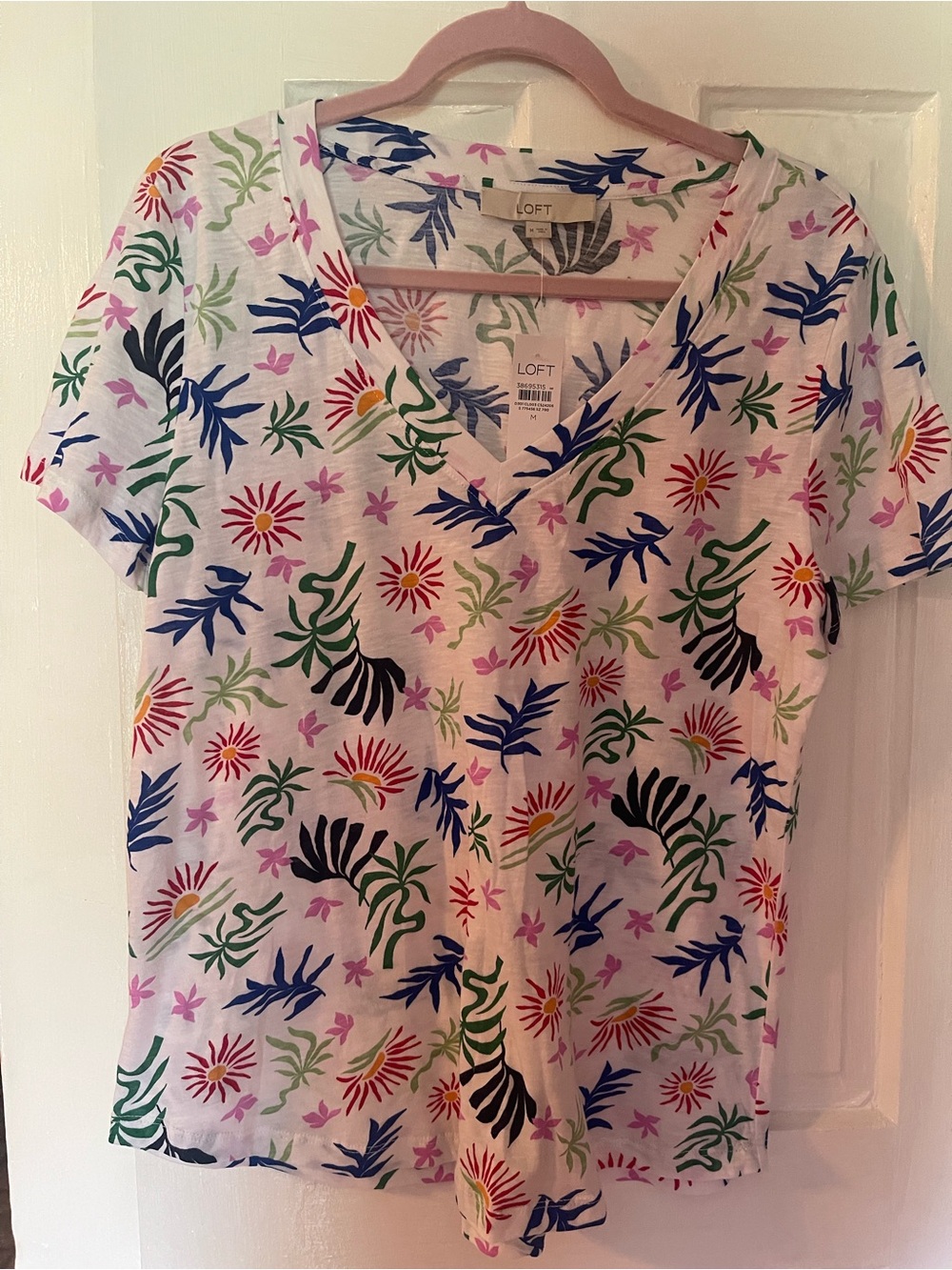 LOFT White V-Neck Tee with Multicolor Floral Print